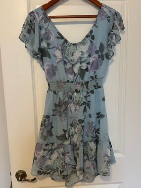 Floral V-Neck Tiered Dress in Light Blue